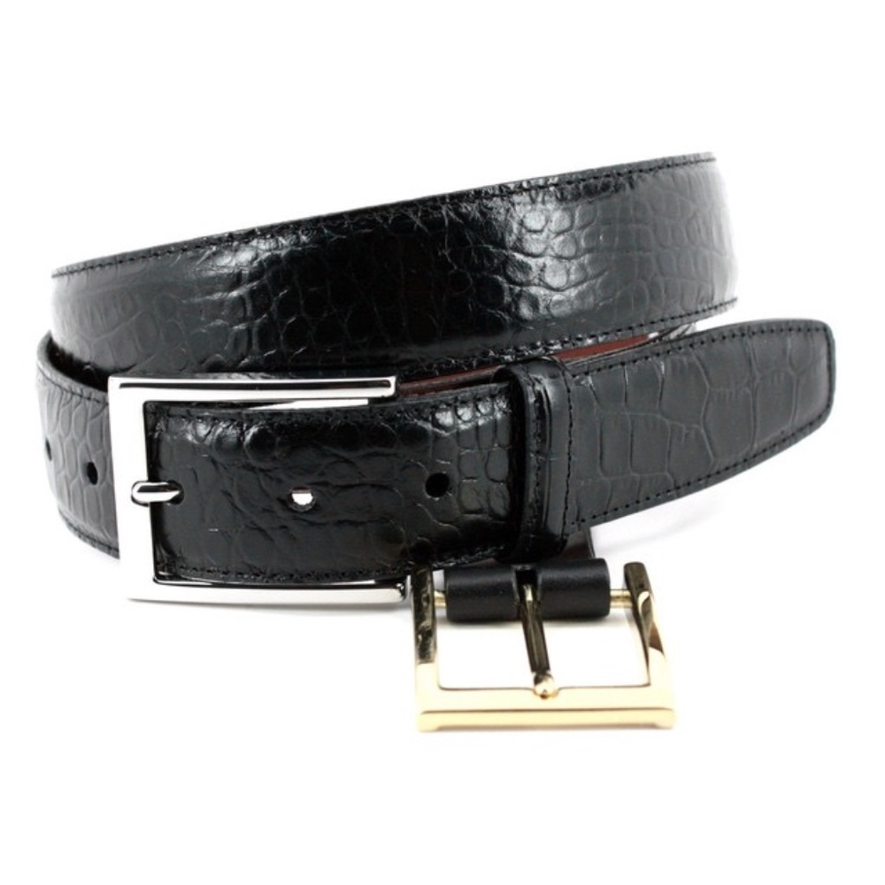 NWT, Torino Leather, Size 44  ALLIGATOR GRAIN EMBOSSED CALFSKIN BELT - BLACK